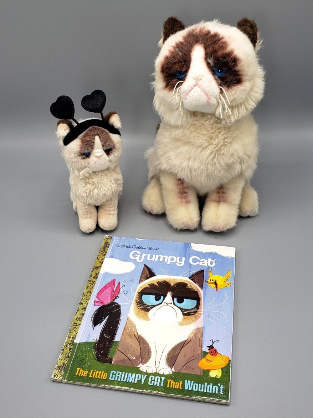 Grumpy Cat Lot 2 Gund Plush 4040133 Hearts Headband 4050495 and Golden Book HC